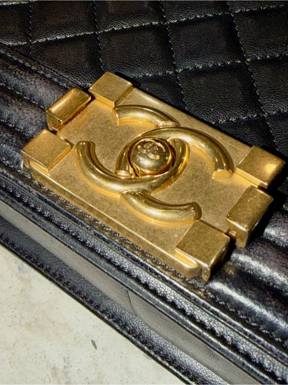 Chanel Boy Medium Black Quilted Lammakin Chain Shoulder Bag with Gold Hardware